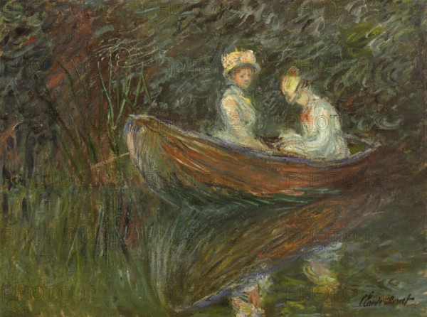 Claude Monet (b. 14 November 1840 in Paris as Oscar-Claude Monet, d. 5 December 1926) important French painter, Impressionist style. Here is his work, Two woman in a boat (1887), two woman in a rowing boat, Two woman in a wooden boat on a quiet pond, surrounded by plants and reflections