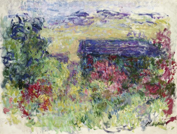 Claude Monet (b. 14 November 1840 in Paris as Oscar-Claude Monet, d. 5 December 1926) important French painter, Impressionist style. Here his work, The House Through the Roses (circa 1925-26), Colourful plants and flowers blend harmoniously with the sky in an Impressionist landscape