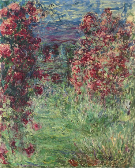 Claude Monet (b. 14 November 1840 in Paris as Oscar-Claude Monet, d. 5 December 1926) important French painter, Impressionist style. Here is his work, The House Among the Roses (1925), A lush garden with intense colours and dense flowers growing wildly around it