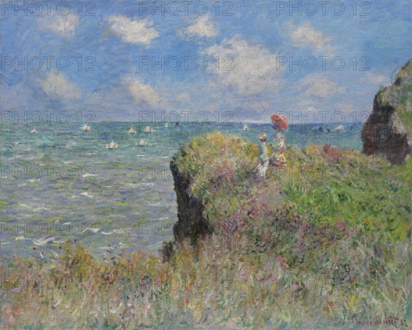 Claude Monet (b. 14 November 1840 in Paris as Oscar-Claude Monet, d. 5 December 1926) important French painter, Impressionist style. Here is his work, Cliff Walk at Pourville (1882), scene with blooming cliffs and a woman with a parasol looking out over the vast sea