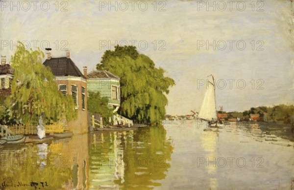 Claude Monet (b. 14 November 1840 in Paris as Oscar-Claude Monet, d. 5 December 1926) important French painter, Impressionist style. Here is his work, Houses on the Achterzaan (1871), Houses on the Achterzaan (1871), A river with a sailing boat, surrounded by houses and trees, is reflected in the calm water