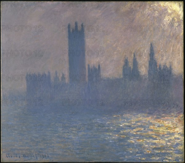 Claude Monet (b. 14 November 1840 in Paris as Oscar-Claude Monet, d. 5 December 1926) important French painter, Impressionist style. Here his work, Houses of Parliament, Sunlight Effect (Le Parlement, effet de soleil) (1903), Parliament Buildings, Sunlight Effect