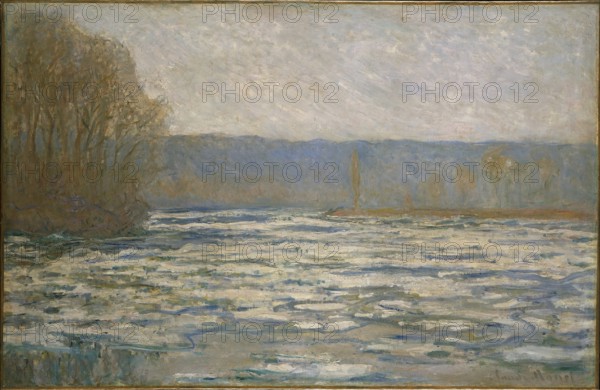 Claude Monet (b. 14 November 1840 in Paris as Oscar-Claude Monet, d. 5 December 1926) important French painter, Impressionist style. Here is his work, Ice breaking up on the Seine near Bennecourt (1893), A winter river landscape with bare trees and a misty atmosphere