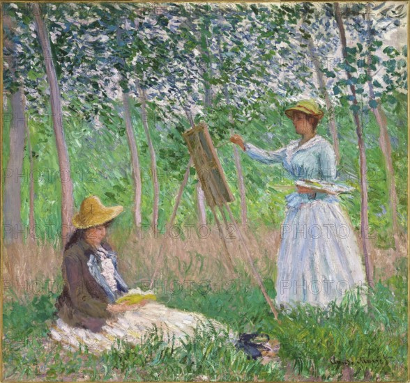 Claude Monet (born 14 November 1840 in Paris as Oscar-Claude Monet, died 5 December 1926) important French painter, Impressionist style. Here his work, In The Woods At Giverny, Blanche Hoschede At Her Easel With Suzanne Hoschedé Reading, In the woods of Giverny, Blanche Hoschede at her easel with Suzanne Hoschede reading, Two woman in a garden, one painting and the other reading, under shady trees