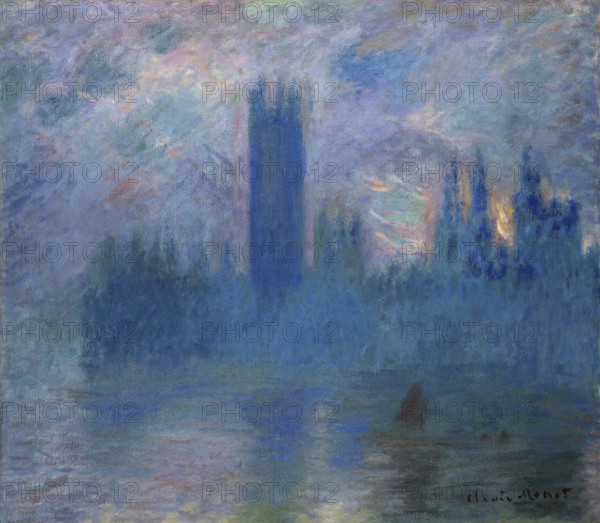 Claude Monet (b. 14 November 1840 in Paris as Oscar-Claude Monet, d. 5 December 1926) important French painter, Impressionist style. Here his work, Houses of Parliament, London (1900), Parliament Buildings, A misty river with outlines of buildings in blue, in the Impressionist style at dusk