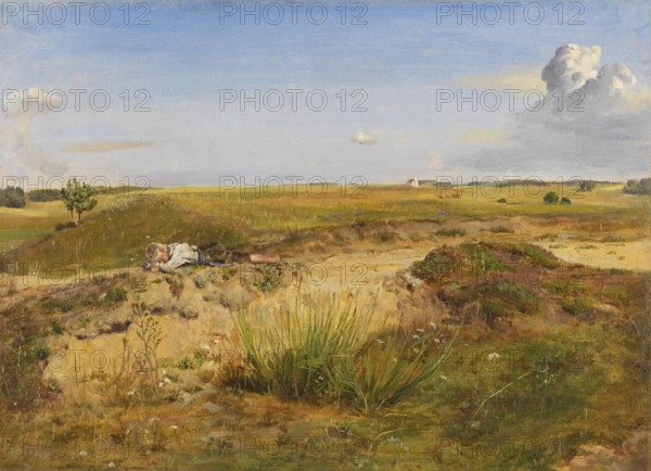 Painting, Reproduction of the painting, Work of art, Historical, Franz Seraph Lenbach, since 1882 Knight of Lenbach (born 13 December 1836 in Schrobenhausen, died 6 May 1904 in Munich), German painter, Munich painter prince, here his work:, Landscape with sleeping shepherd boy, Wide landscape with fields, cloudy sky and meadows depicted in a painting