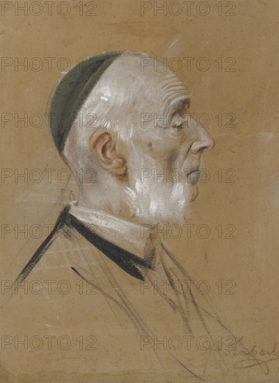 Painting, Reproduction of the painting, Work of art, Historical, Franz Seraph Lenbach, since 1882 Knight of Lenbach (born 13 December 1836 in Schrobenhausen, died 6 May 1904 in Munich), German painter, Munich painter prince, here his work:, Karl Eduard von Liphart (c. 1875), Karl Eduard Freiherr von Liphart (born 16 May 1808 in Alt-Kusthof (Estonian: Vana-Kuuste), Kamby Parish, Tartu County, Estonia, died 15 February 1891 in Florence) was a Livonian baron, physician, natural scientist, art historian, An old man in profile view with kippa, drawn in pastel
