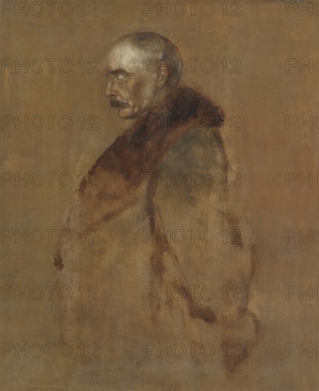 Painting, Reproduction of the painting, Work of art, Historical, Franz Seraph Lenbach, since 1882 Knight of Lenbach (born 13 December 1836 in Schrobenhausen, died 6 May 1904 in Munich), German painter, Munich painter prince, here his work:, Chlodwig Carl Viktor Prince of Hohenlohe-Schillingsfürst, Prince of Ratibor and of Corvey (born 31 March 1819 in Rotenburg an der Fulda, died 31 July 1901 in Bad Ragaz in Switzerland), was a German politician and from 1894 to 1900 Reich and Prussian Prime Minister. July 1901 in Bad Ragaz in Switzerland), was a German politician and Imperial Chancellor and Prussian Prime Minister from 1894 to 1900, Lateral portrait of a man in a fur coat with simple colours