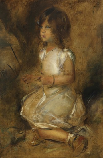 Painting, Reproduction of the painting, Work of art, Historical, Franz Seraph Lenbach, since 1882 Knight of Lenbach (born 13 December 1836 in Schrobenhausen, died 6 May 1904 in Munich), German painter, Munich painter prince, here his work:, Gabriele Lenbach kneeling in the grass (1902-1903), A young girl kneels playfully on the ground, carried by soft coloured tones and an innocent expression