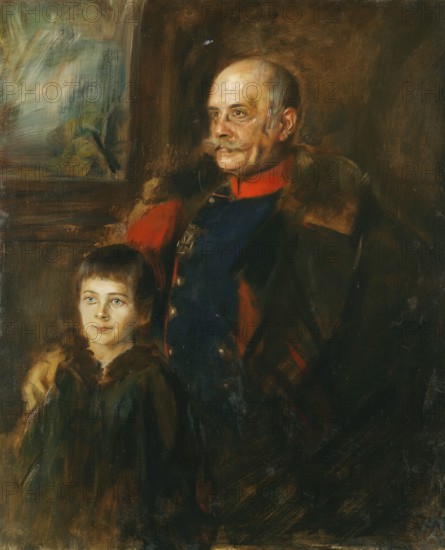 Painting, Reproduction of the painting, Work of art, Historical, Franz Seraph Lenbach, since 1882 Knight of Lenbach (born 13 December 1836 in Schrobenhausen, died 6 May 1904 in Munich), German painter, Munich painter prince, here his work:, General von Hartmann and son Hermann (ca. 1870), An elderly man and a child depicted in a dark historical setting