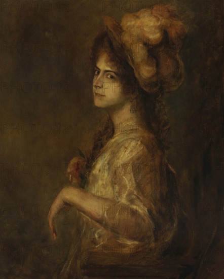 Painting, Reproduction of the painting, Work of art, Historical, Franz Seraph Lenbach, since 1882 Knight of Lenbach (born 13 December 1836 in Schrobenhausen, died 6 May 1904 in Munich), German painter, Munich painter prince, here his work:, Marion Franchetti (1903), Woman in portrait with hat and flower, in brown tones