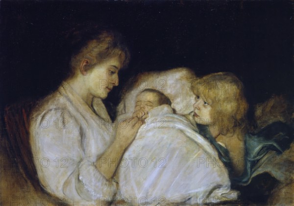 Painting, Reproduction of the painting, Work of art, Historical, Franz Seraph Lenbach, since 1882 Knight of Lenbach (born 13 December 1836 in Schrobenhausen, died 6 May 1904 in Munich), German painter, Munich painter prince, here his work:, Magdalena von Lenbach with daughters Erika and Marion (1895), mother with two children in an intimate, tender scene
