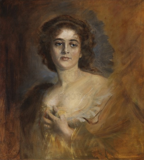 Painting, Reproduction of the painting, Work of art, Historical, Franz Seraph Lenbach, since 1882 Ritter von Lenbach (born 13 December 1836 in Schrobenhausen, died 6 May 1904 in Munich), German painter, Munich painter prince, here his work:, Lolita Gräfin von Zeppelin (1900), Portrait of a woman in brown tones with subtle light setting