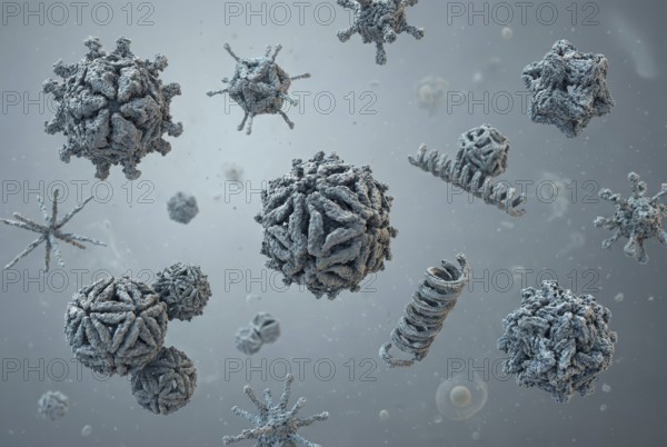 Conceptual microscopic visualisation of newly discovered, genetically unknown viruses (viral dark matter) in the human microbiome, represented by novel, complex virus structures. Virology, infectiology, gastroenterology, microbiome research, molecular biology, genetics, AI generated