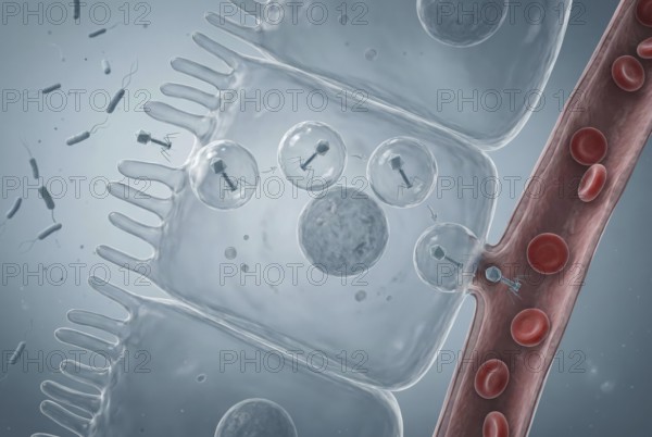 High-resolution visualisation of transcytosis: bacteriophages (viruses) naturally pass through the epithelial cell layer of the intestine to enter the deeper human tissue and blood system. Virology, infectiology, microbiology, antibiotic resistance, pneumology, AI generated