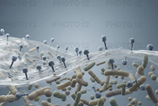 A balanced ecosystem in the gut: billions of beneficial bacteriophages (viruses) coexist peacefully with healthy gut bacteria and the intestinal mucosa without causing disease. The healthy virome. Virology, infectiology, microbiology, antibiotic resistance, dermatology, AI generated