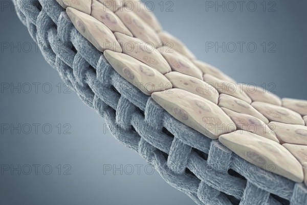 Microscopic cross-section of an artificial, biotechnologically produced heart valve, whose synthetic surface is increasingly overgrown by the body's own endothelial cells (vascular cells) . Cardiology, regenerative medicine, molecular biology, genetics, biotechnology, AI generated