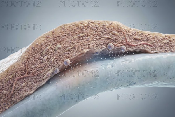Microscopic 3D illustration of rheumatoid arthritis: An overactive macrophage mistakenly attacks healthy cartilage tissue in a joint and releases inflammatory cytokines. Scientific visualization of an autoimmune response. immunology, virology, infectiology, pneumology, genetics, gene therapy, AI generated