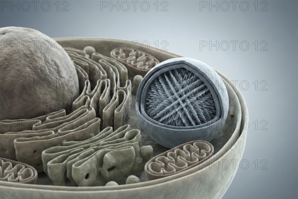 Inside view of a eukaryotic cell: researchers have implanted an artificial organelle (a synthetic, membrane-bound compartment) that carries out specific biochemical reactions in isolation from the rest of the cell. Synthetic biology, biotechnology, AI generated