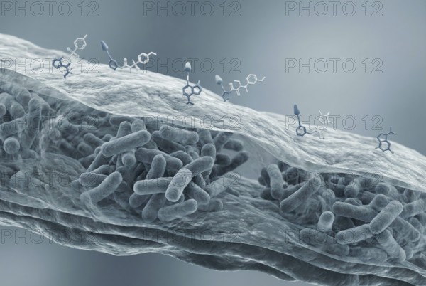 Microscopic view of a dense, impenetrable biofilm (extracellular polymeric substance) that protects a colony of multi-resistant super pathogen bacteria from antibiotics. Microbiology, antibiotic resistance, infectiology, AI generated