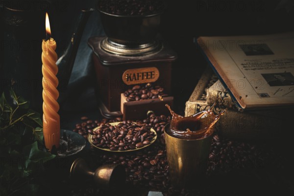 Snapshot of coffee splashing out of a cup next to an old coffee grinder and candle