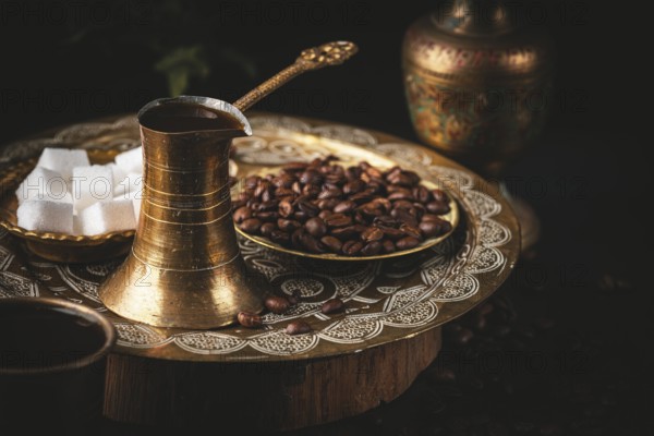 Turkish coffee next to sugar cubes and coffee beans, golden tableware, still life