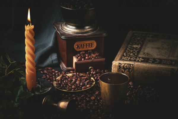 Atmospheric dark scene with coffee, old coffee grinder and a burning candle