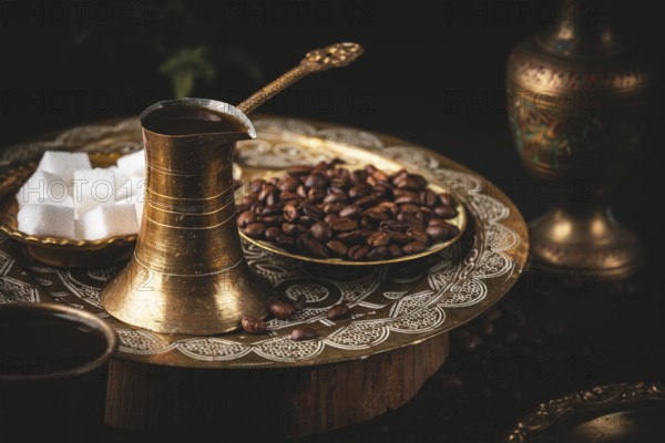 Oriental coffee scene with golden pot and sugar cubes served on a decorated tray