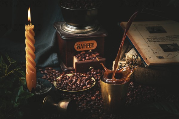 Snapshot of pouring coffee with spritzer, candle, coffee grinder and old books