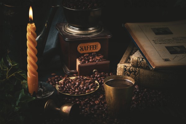 Still life with coffee mug, burning candle, coffee grinder and old books
