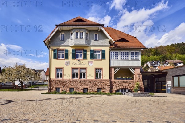 Town hall, commercial building, façade with windows, shutters and façade painting, hipped roof, paving walkway, hill, coniferous forest, blooming tree, blue sky, cumulus clouds, cirrus clouds, Am Mühlbach, Waldaschaff, Lower Franconia, Aschaffenburg district, Bavaria, Germany