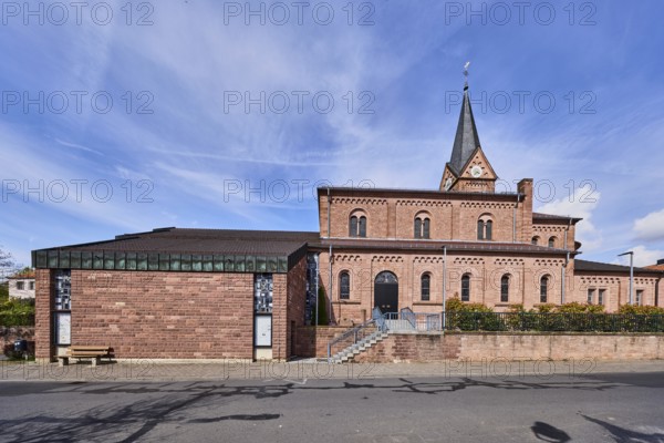 St. Michael church, parish church, Neromanic style, sidewalk, blue sky, cumulus clouds, cirrus clouds, street Kirchstraße, Waldaschaff, Lower Franconia, Aschaffenburg district, Bavaria, Germany