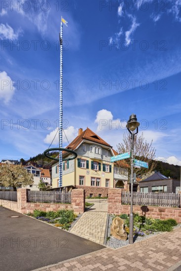 Town hall, maypole, lantern, sandstone wall, wooden fence, commercial building, hilly landscape, coniferous forest, blue sky, cumulus clouds, cirrus clouds, street Am Mühlbach, Waldaschaff, Lower Franconia, Aschaffenburg district, Bavaria, Germany
