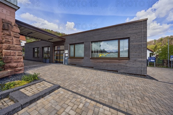 Citizens' Office, Registration Office, Trade Office, Public Order Office, Social Welfare Office, Registry Office, Commercial Building, Timber Construction, Paving Brick Pavement, Forest, Blue Sky, Cumulus Clouds, Cirrus Clouds, Am Mühlbach, Waldaschaff, Lower Franconia, Aschaffenburg District, Bavaria, Germany