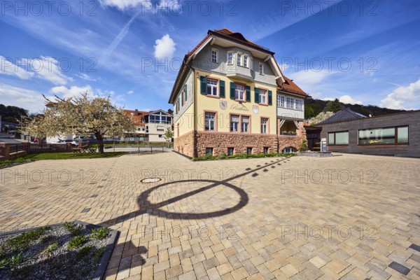 Town hall, commercial building, general architecture, shade of a maypole, hill, coniferous forest, blooming tree, blue sky, cumulus clouds, cirrus clouds, Am Mühlbach, Waldaschaff, Lower Franconia, Aschaffenburg district, Bavaria, Germany