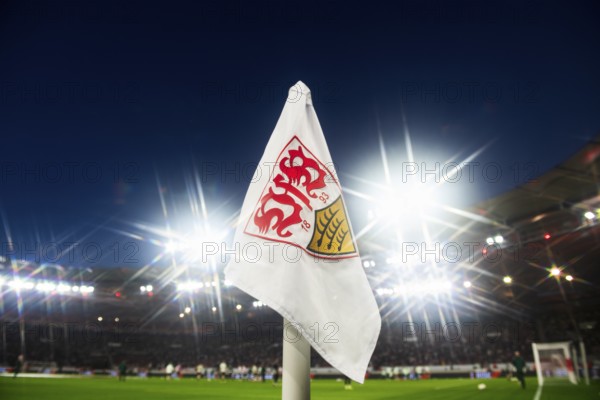 Corner flag with coat of arms, logo, VfB Stuttgart, floodlight, star effect, interior, feature, soccer UEFA Europa League, MHPArena, MHP Arena Stuttgart, Baden-Württemberg, Germany