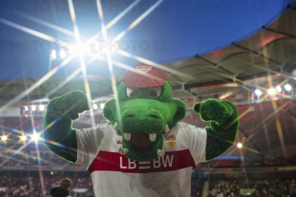 Mascot Fritzle VfB Stuttgart gesture, floodlight, star effect, interior, soccer UEFA Europa League, MHPArena, MHP Arena Stuttgart, Baden-Württemberg, Germany