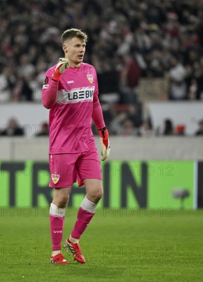 Goalkeeper Alexander Nübel VfB Stuttgart (33) Cheering Football UEFA Europa League, MHPArena, MHP Arena Stuttgart, Baden-Württemberg, Germany