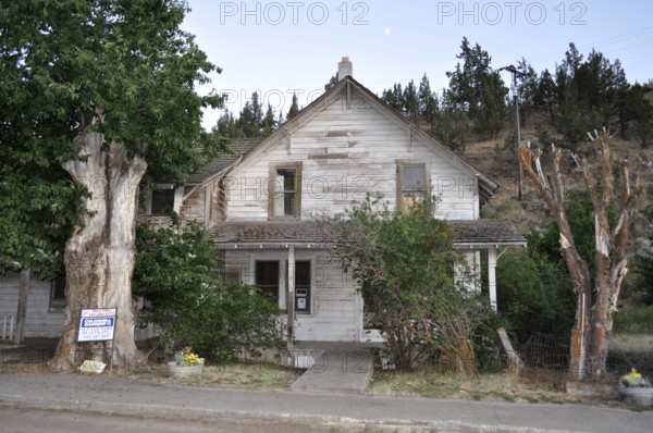 An old white wooden house with plants and trees in a small village, Mitchell, Oregon, USA