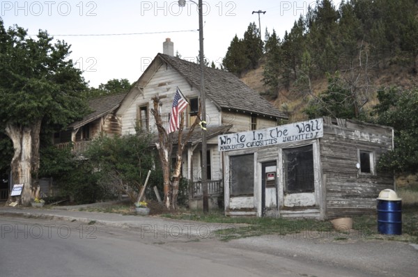A dilapidated house and a weathered outbuilding surrounded by trees and plants, Mitchell, Oregon, USA