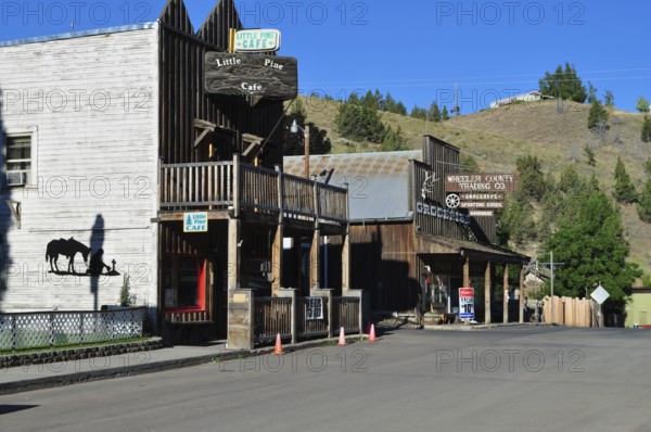 A small café and shop on a quiet street with a nostalgic façade, Mitchell, Oregon, USA