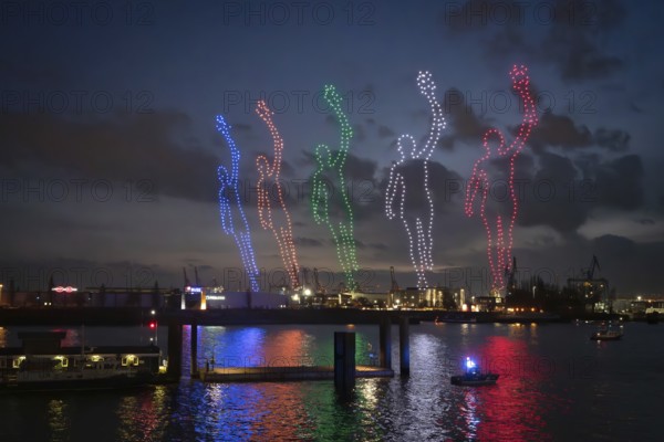 Drone light show over the Elbe as part of the Hamburg Olympic bid on 26.02.2026, Landungsbrücken, Hamburg, Germany