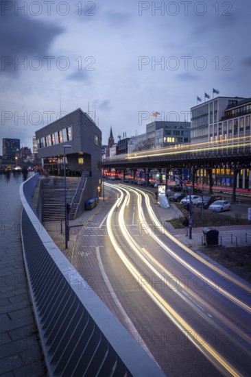 Café ALEX Hamburg Überseebrücke an den Landungsbrücke at the Blue Hour with light strips from subway and vehicles as long exposure, Baumwall, Hamburg, Germany