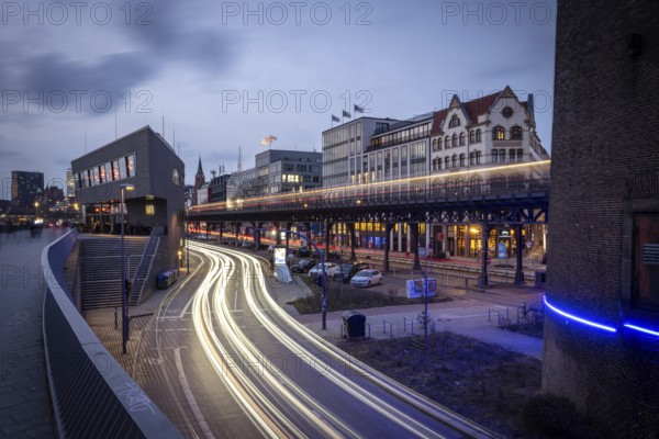 Café ALEX Hamburg Überseebrücke an den Landungsbrücke at the Blue Hour with light strips from subway and vehicles as long exposure, Baumwall, Hamburg, Germany