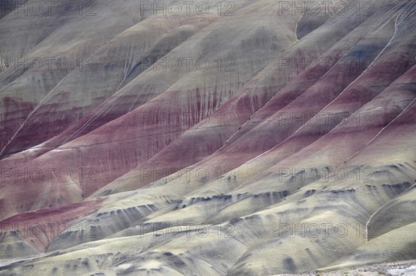 Close view of detailed, colorful striped hills with natural patterns, John Day Fossil Beds National Monument, Painted Hills Unit, Oregon, USA