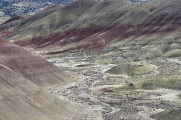 Detailed view of colorful hills with bright shades of red and yellow, natural formations, John Day Fossil Beds National Monument, Painted Hills Unit, Oregon, USA