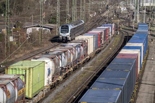 Local trains on the line, container trains in the freight yard, so-called installation tracks in Duisburg-Rheinhausen, freight trains are parked here at short notice in front of continuing their journey, either to the trimodal terminal in Logport Duisburg or from there to distant destinations, such as China, as part of the new Silk Road, North Rhine-Westphalia, Germany