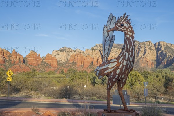 Sedona, Arizona - A 15-foot-tall sculpture of a roadrunner in a roundabout on state route 179. The work was designed by Don Kennell and Lisa Adler. It is part of Sedona's Art in the Roundabouts program
