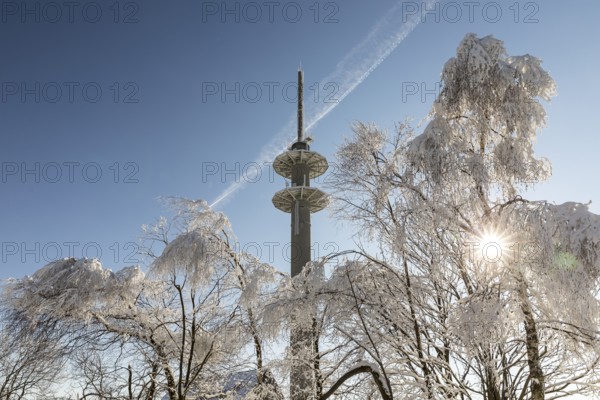 Radio tower on Lugstein, sunny winter landscape with snow-covered trees and branches covered with hoarfrost on the Ore Mountains Ridge, Zinnwald-Georgenfeld, Altenberg, Eastern Ore Mountains, Saxony, Germany