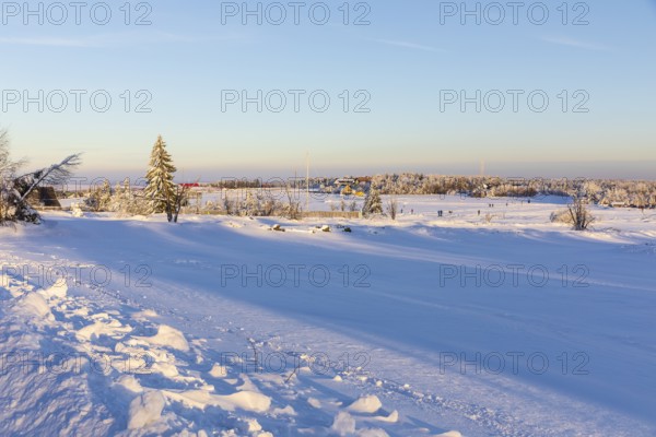 Sunny winter landscape with snow-covered trees, bushes, trails and branches covered with hoarfrost on the Ore Mountains Ridge, view of Bohemia, Zinnwald-Georgenfeld, Altenberg, Eastern Ore Mountains, Saxony, Germany